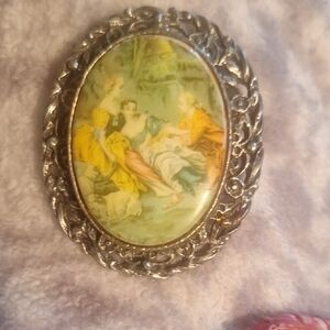 Vintage Silver Fraganard Brooch with Romantic Scene
